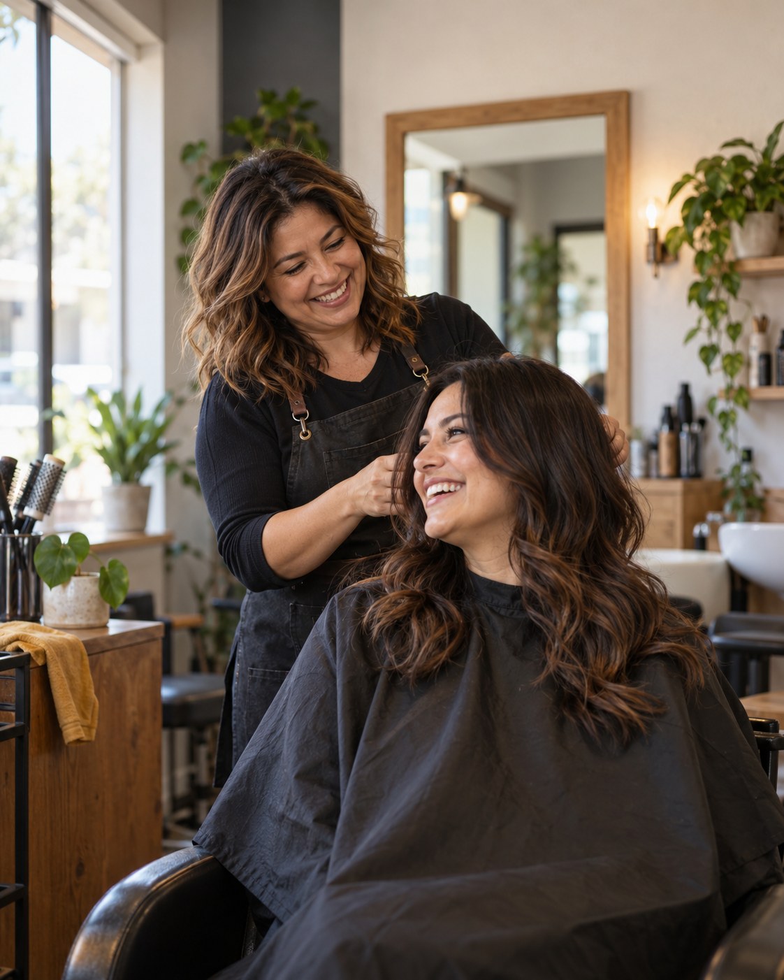 A salon owner laughing with a client while she finishes her hair